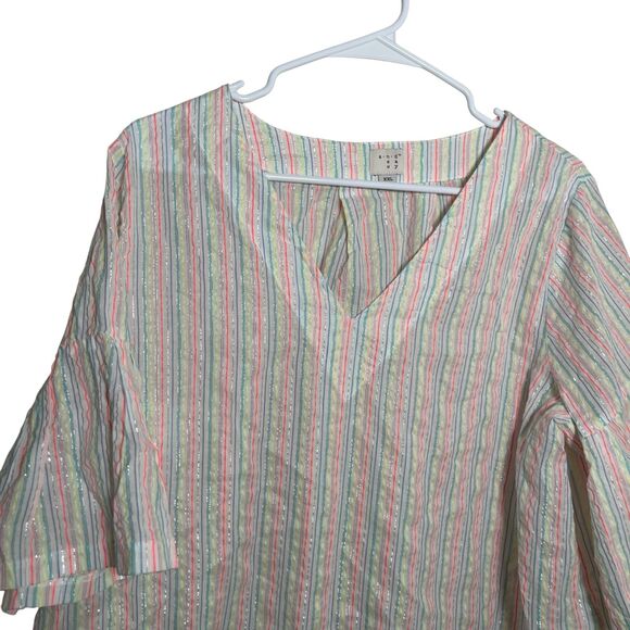 A New Day Blouse Women's XXL Metallic Striped Colorful Short Sleeve V-Neck Top - Picture 2 of 11